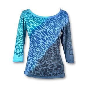 Glima Y2K 90s Graphic Ombre Top Blue Artsy Whimsigoth Layered Hem 3/4 Sleeve Med